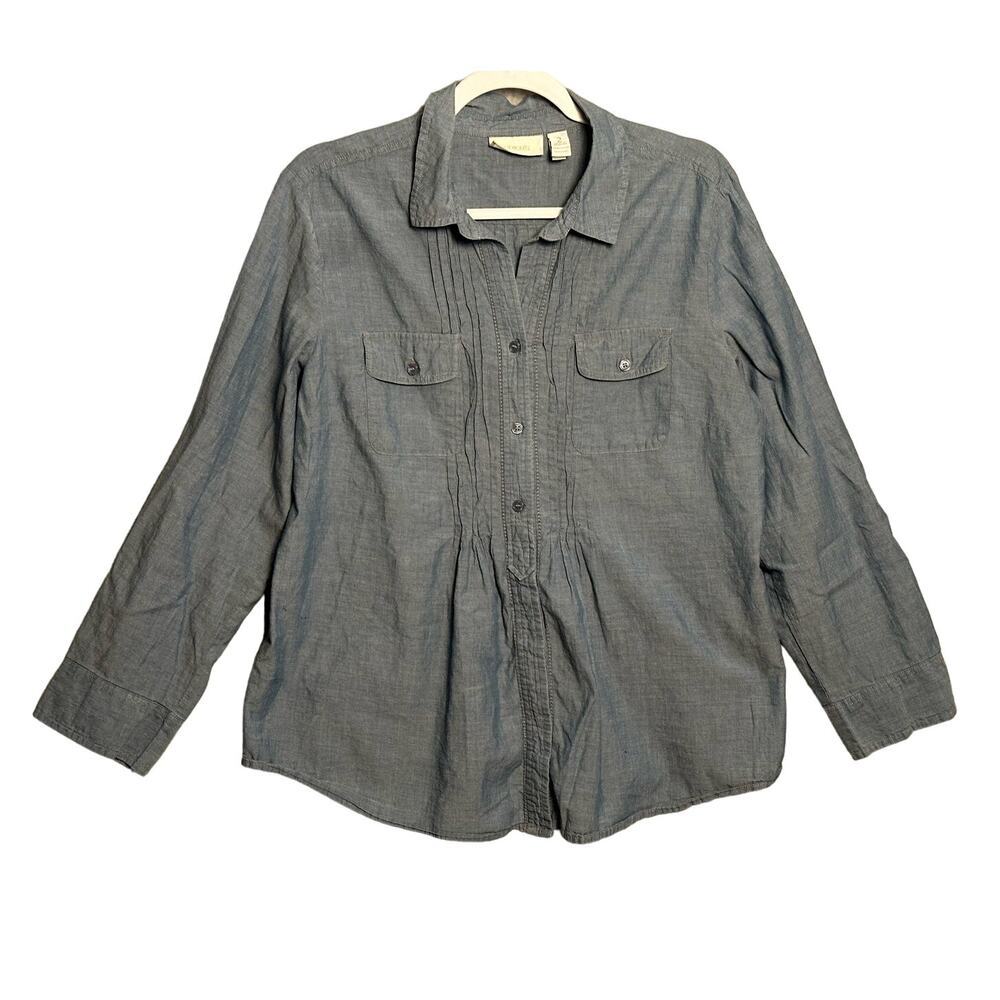 Chicos | Sz: 2 Large Chambray Button Front‎ Blouse Pleated roll-tab sleeve denim